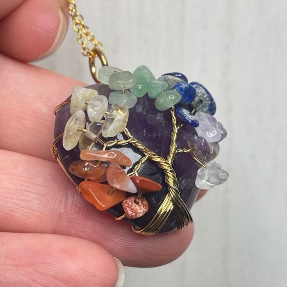 Tree Of Life chakra pendant crystal healing reiki heart amethyst gold tone chain - Picture 8 of 10
